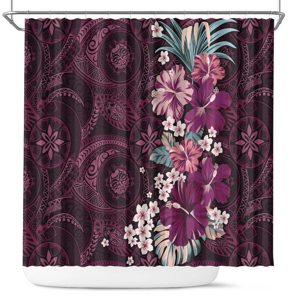 Poni Mama Hawai'i Hibiscus Shower Curtain Polynesian Tribal Tattoo Pattern Floral Elements
