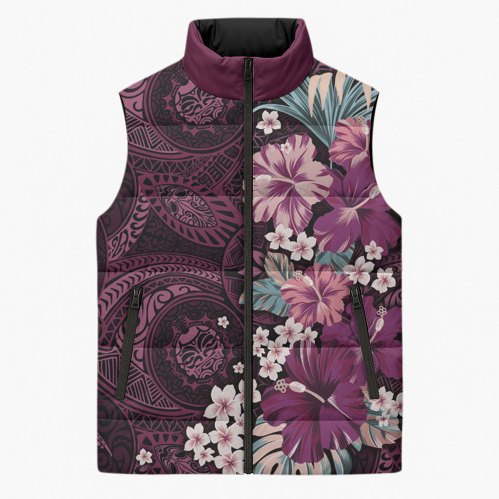 Poni Mama Hawai'i Hibiscus Sleeveless Puffer Jacket Polynesian Tribal Tattoo Pattern Floral Elements