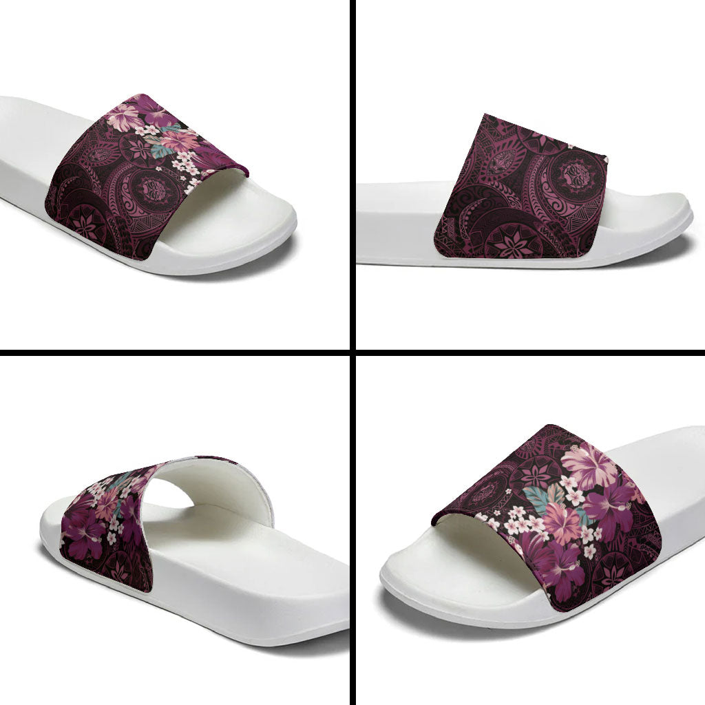 Poni Mama Hawai'i Hibiscus Slide Sandals Polynesian Tribal Tattoo Pattern Floral Elements