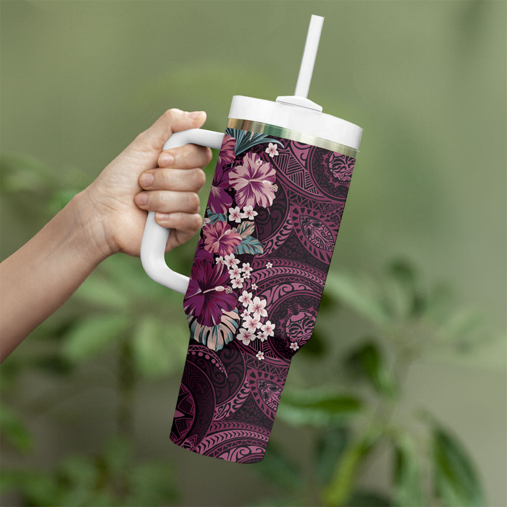 Poni Mama Hawai'i Hibiscus Tumbler With Handle Polynesian Tribal Tattoo Pattern Floral Elements