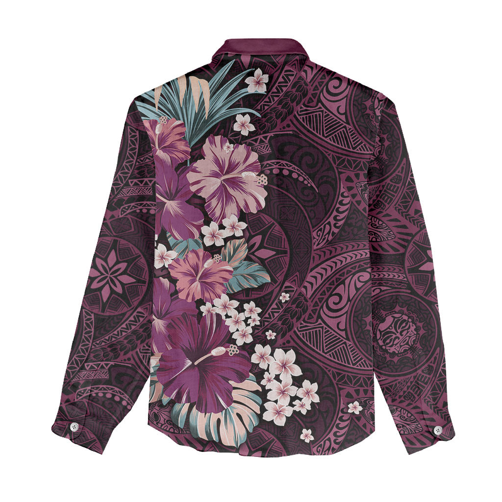 Poni Mama Hawai'i Hibiscus Women Casual Shirt Polynesian Tribal Tattoo Pattern Floral Elements