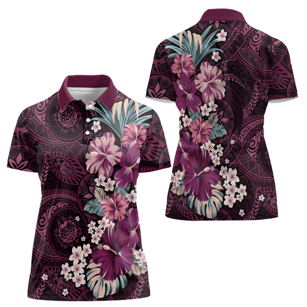 Poni Mama Hawai'i Hibiscus Women Polo Shirt Polynesian Tribal Tattoo Pattern Floral Elements