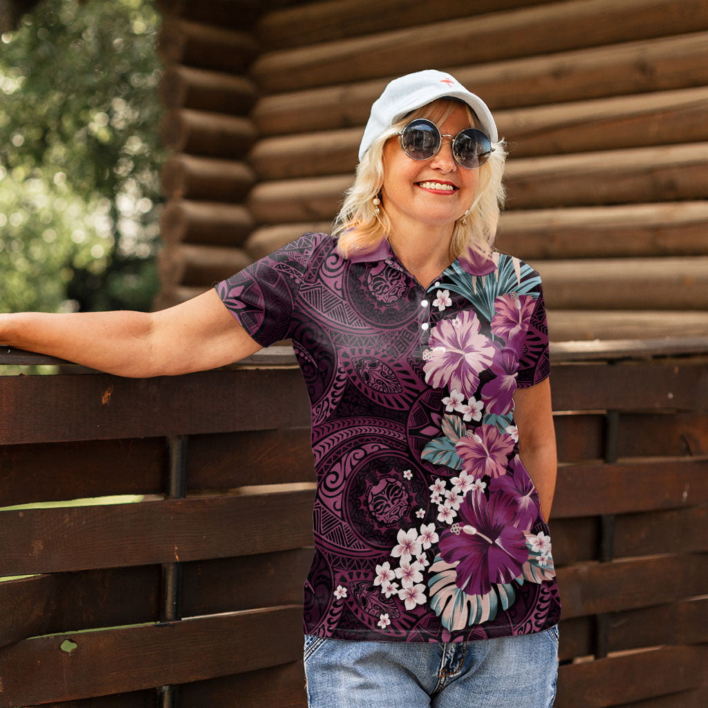 Poni Mama Hawai'i Hibiscus Women Polo Shirt Polynesian Tribal Tattoo Pattern Floral Elements
