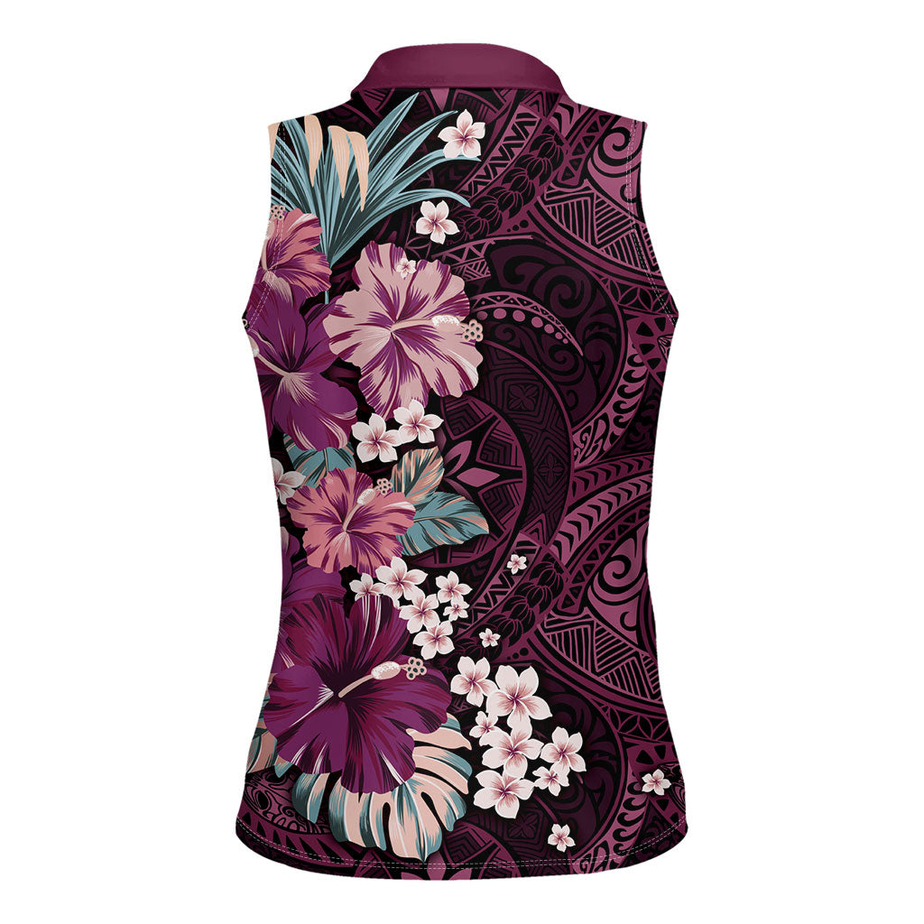 Poni Mama Hawai'i Hibiscus Women Sleeveless Polo Shirt Polynesian Tribal Tattoo Pattern Floral Elements