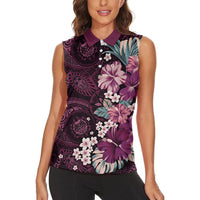 Poni Mama Hawai'i Hibiscus Women Sleeveless Polo Shirt Polynesian Tribal Tattoo Pattern Floral Elements