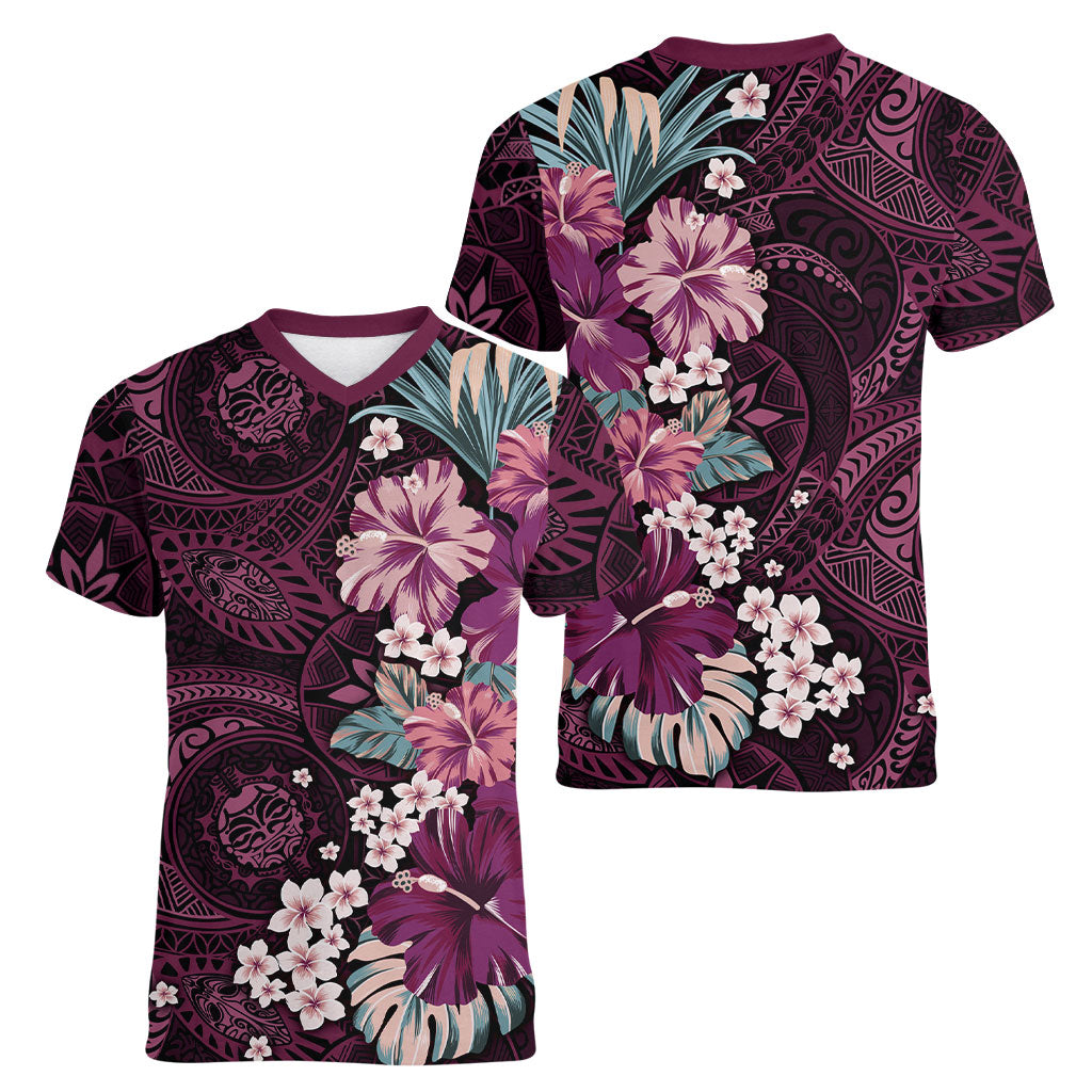 Poni Mama Hawai'i Hibiscus Women V-Neck T-Shirt Polynesian Tribal Tattoo Pattern Floral Elements
