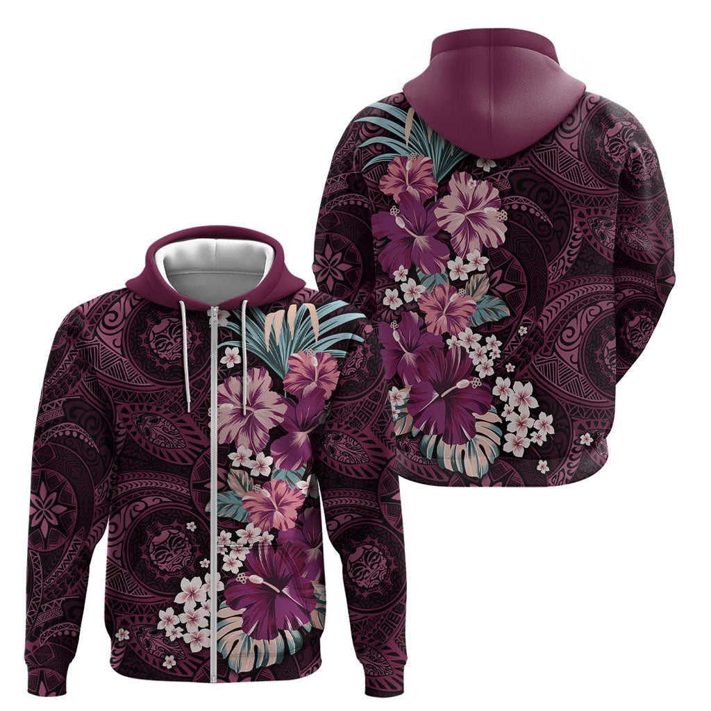 Poni Mama Hawai'i Hibiscus Zip Hoodie Polynesian Tribal Tattoo Pattern Floral Elements