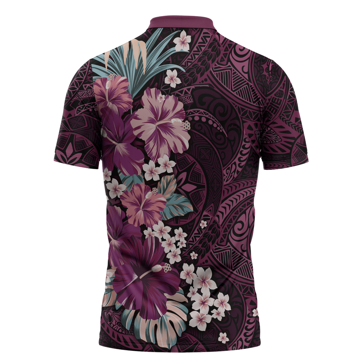 Poni Mama Hawai'i Hibiscus Zipper Polo Shirt Polynesian Tribal Tattoo Pattern Floral Elements
