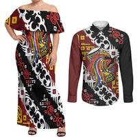 Personalised Papua New Guinea Bird Drum Couples Matching Off Shoulder Maxi Dress and Long Sleeve Button Shirt Papuan Batik Motif
