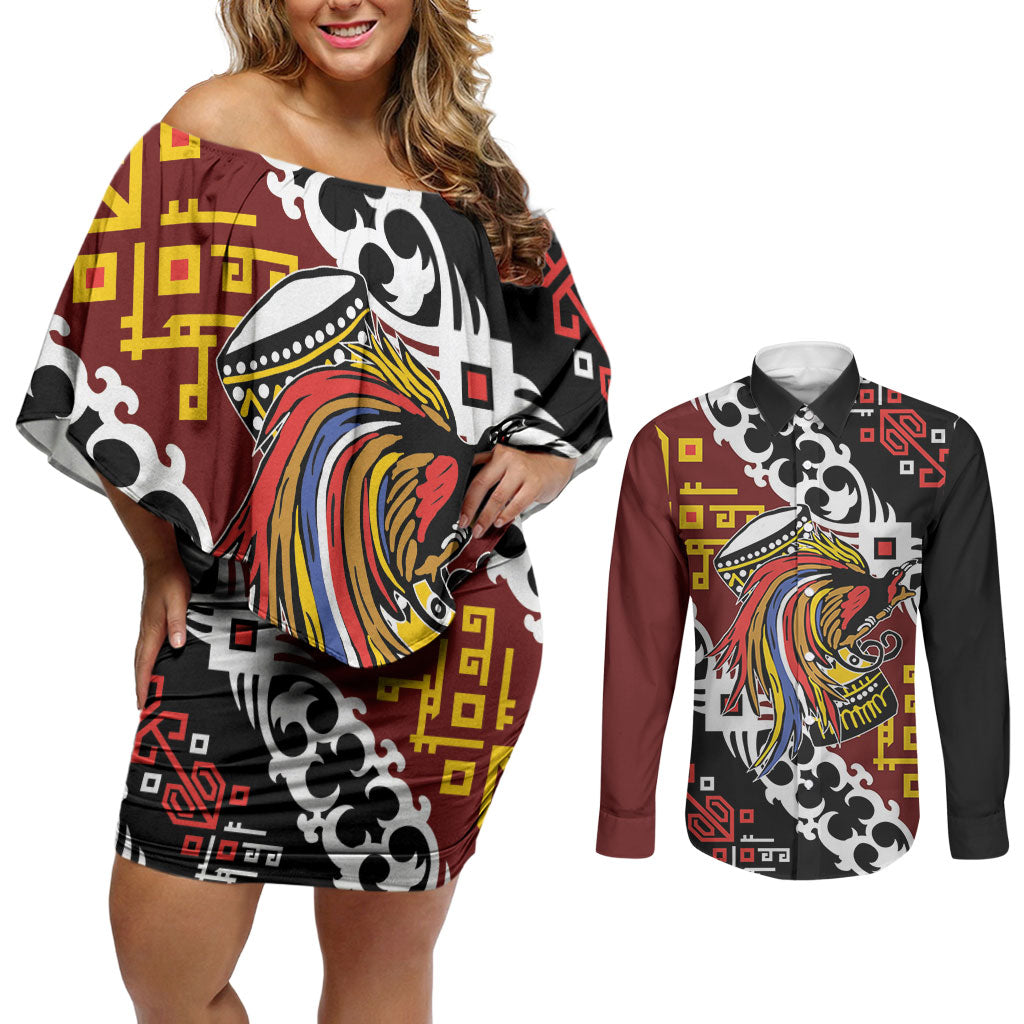 Personalised Papua New Guinea Bird Drum Couples Matching Off Shoulder Short Dress and Long Sleeve Button Shirt Papuan Batik Motif LT9 Black - Polynesian Pride