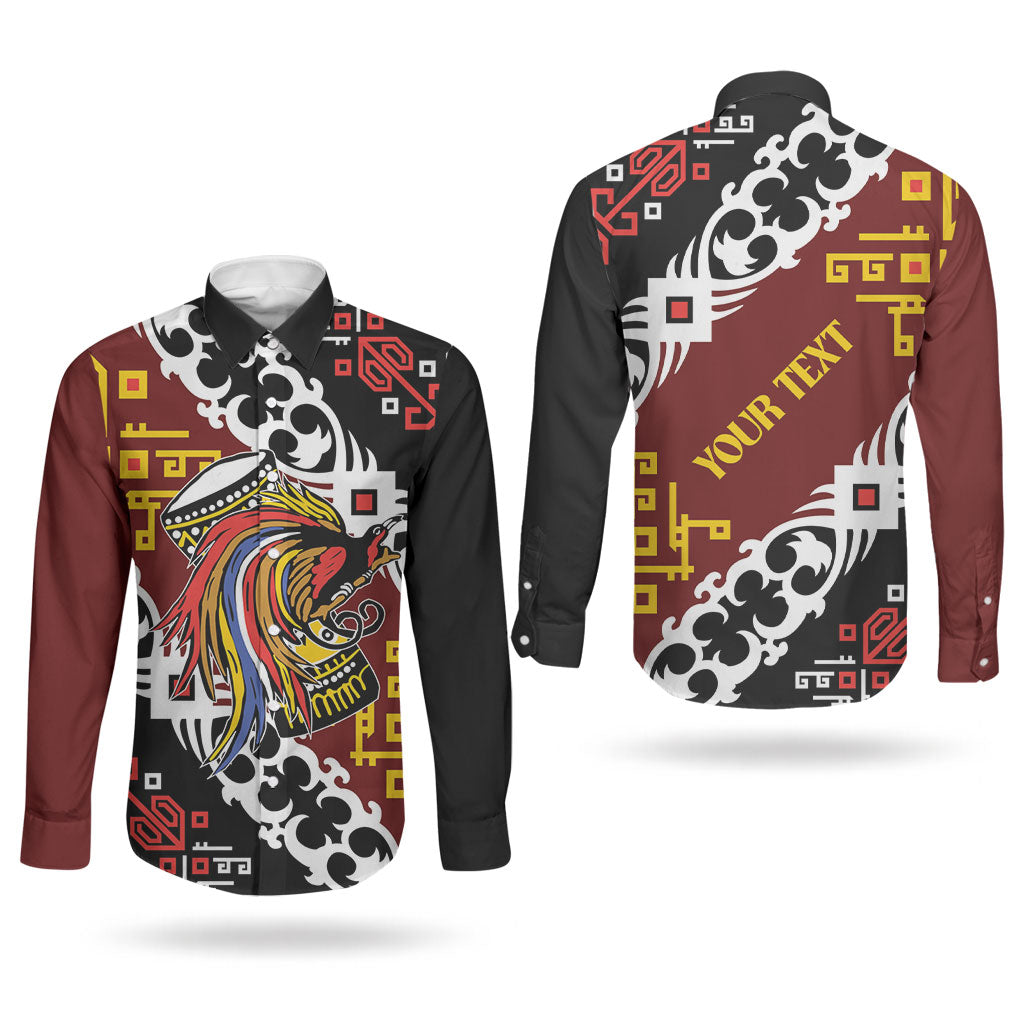 Personalised Papua New Guinea Bird Drum Couples Matching Off The Shoulder Long Sleeve Dress and Long Sleeve Button Shirt Papuan Batik Motif