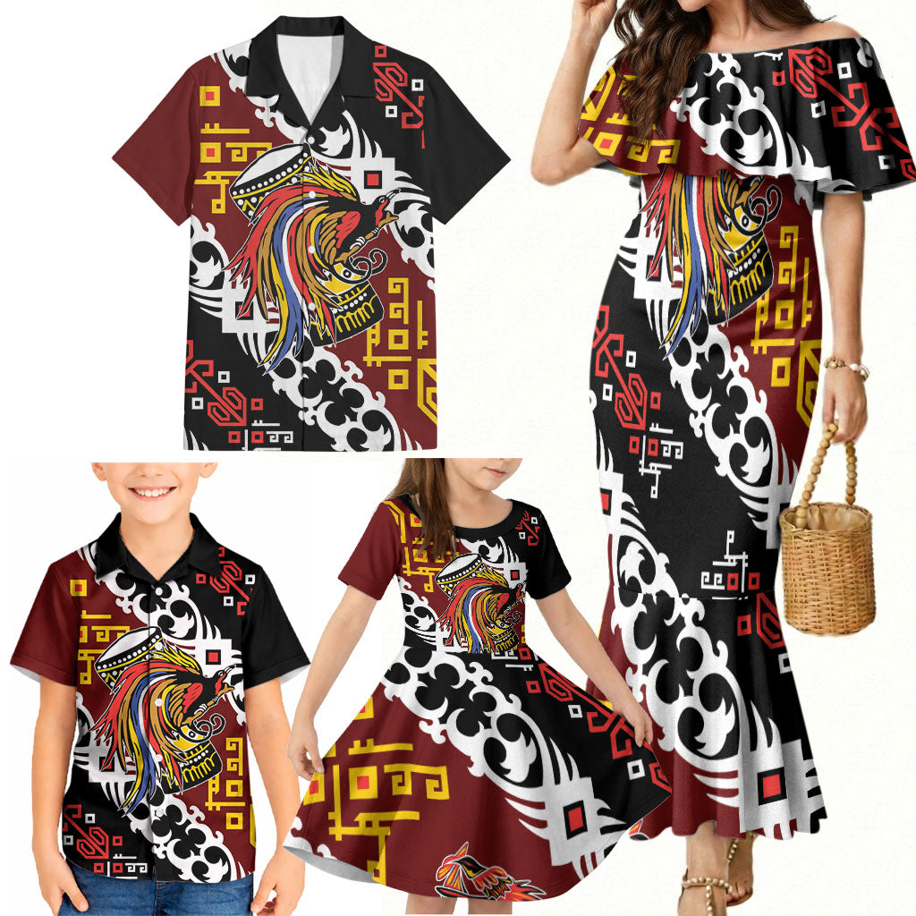 Personalised Papua New Guinea Bird Drum Family Matching Mermaid Dress and Hawaiian Shirt Papuan Batik Motif
