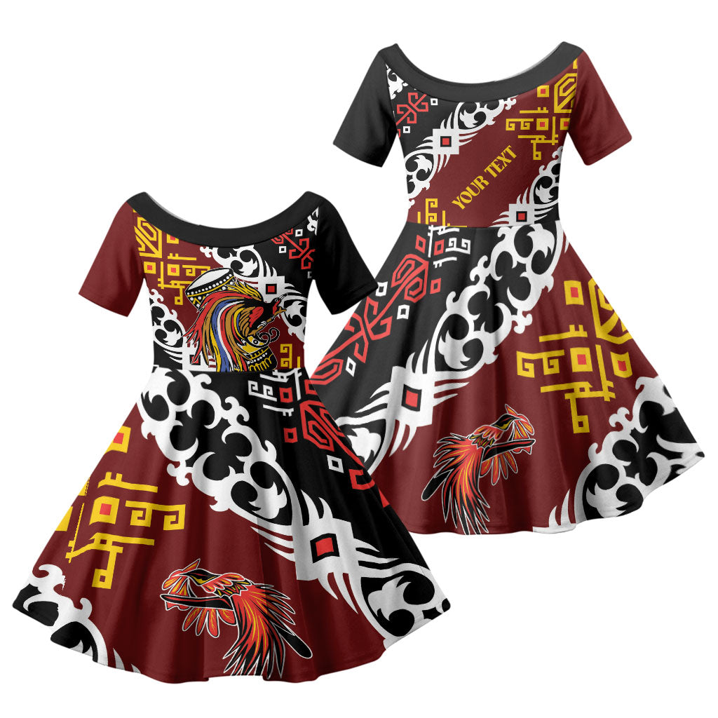 Personalised Papua New Guinea Bird Drum Family Matching Off The Shoulder Long Sleeve Dress and Hawaiian Shirt Papuan Batik Motif