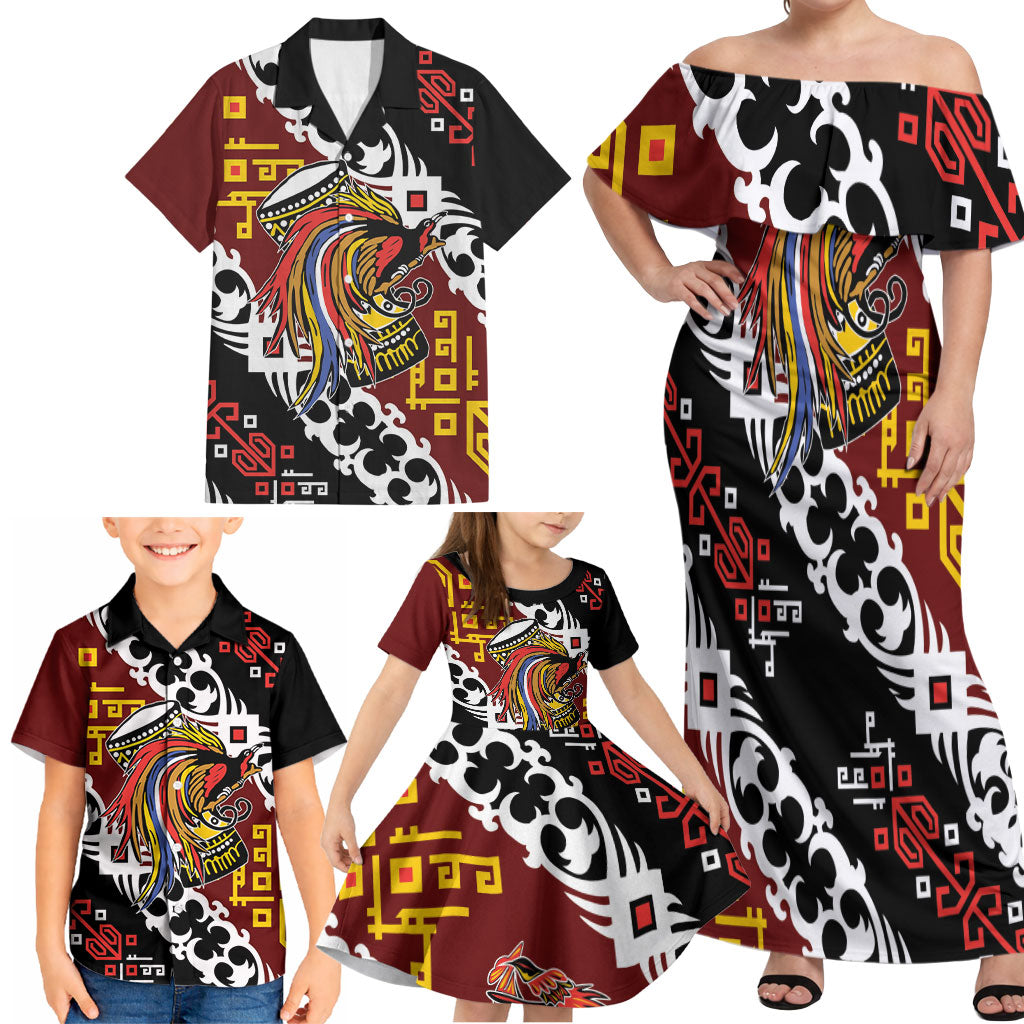 Personalised Papua New Guinea Bird Drum Family Matching Off Shoulder Maxi Dress and Hawaiian Shirt Papuan Batik Motif