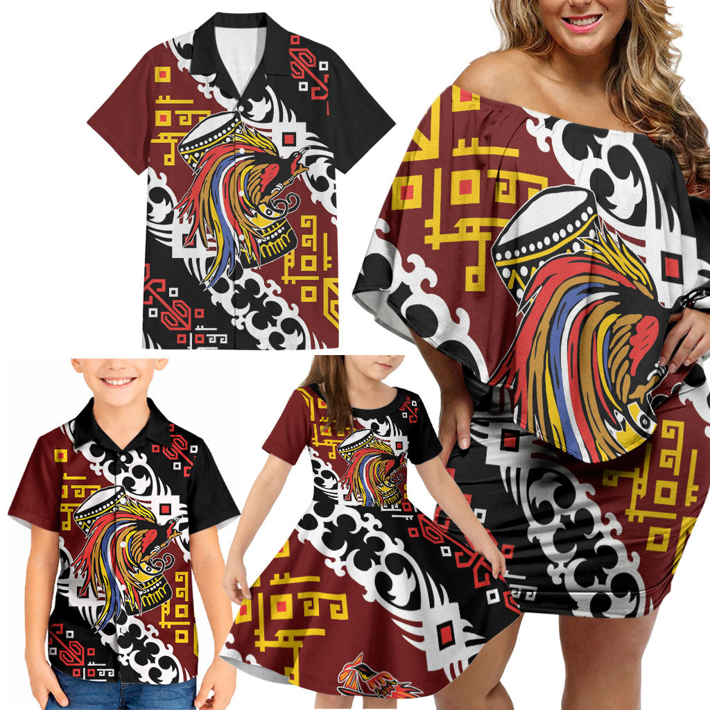 Personalised Papua New Guinea Bird Drum Family Matching Off Shoulder Short Dress and Hawaiian Shirt Papuan Batik Motif