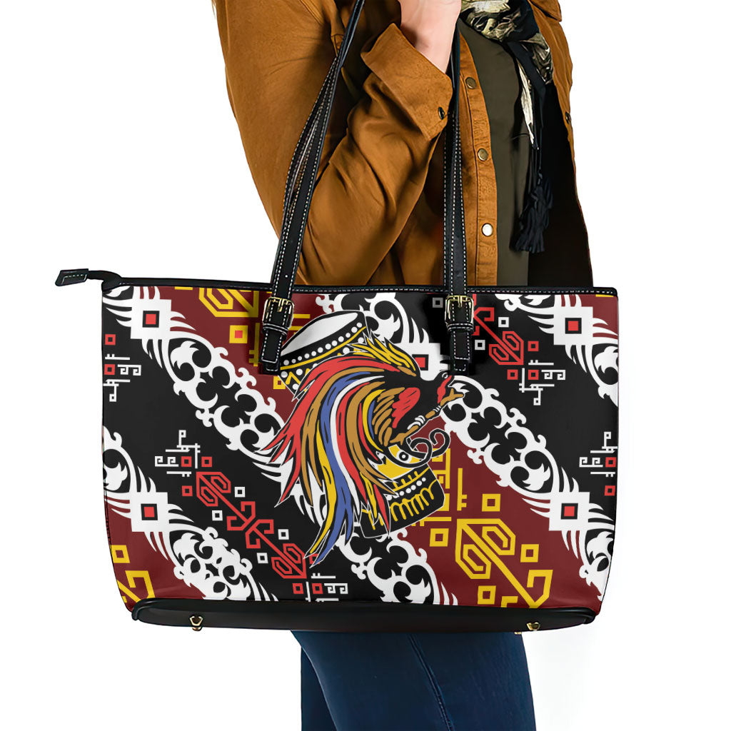 Papua New Guinea Bird Drum Leather Tote Bag Papuan Batik Motif