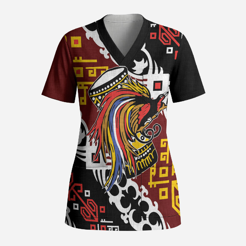 Personalised Papua New Guinea Bird Drum Scrub Top Papuan Batik Motif LT9 Adult Black - Polynesian Pride