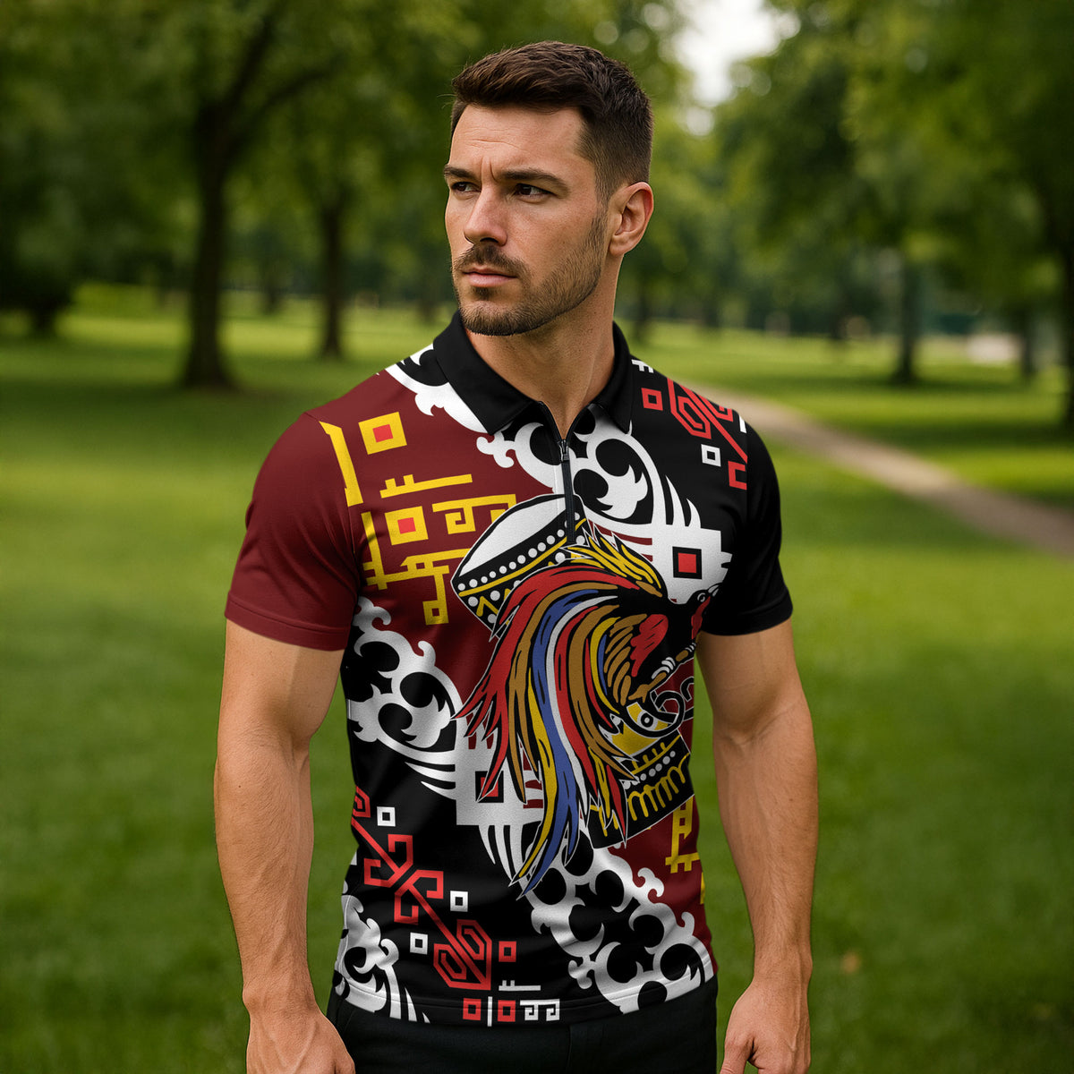 Personalised Papua New Guinea Bird Drum Zipper Polo Shirt Papuan Batik Motif