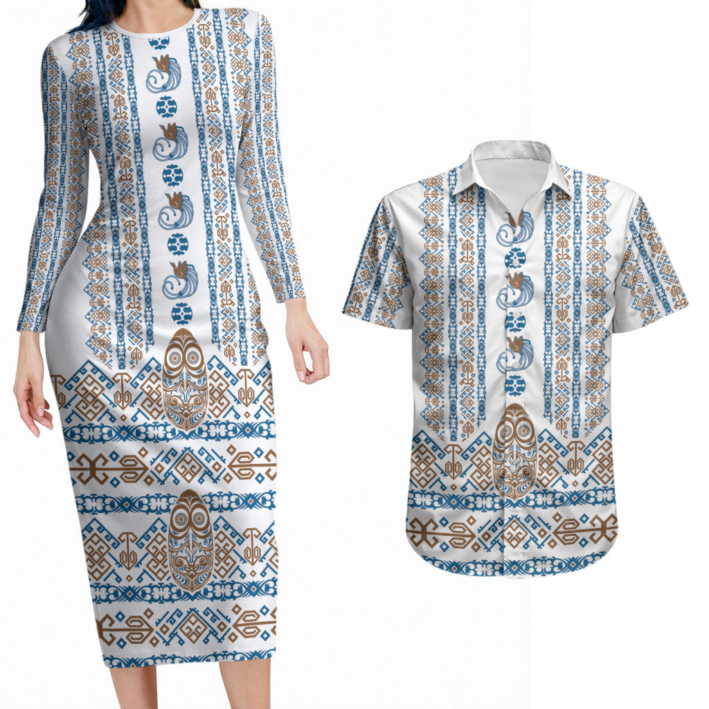 Personalised Papua New Guinea Bird Ethnic Couples Matching Long Sleeve Bodycon Dress and Hawaiian Shirt Papuan Batik Inspired Pattern LT9 White - Polynesian Pride