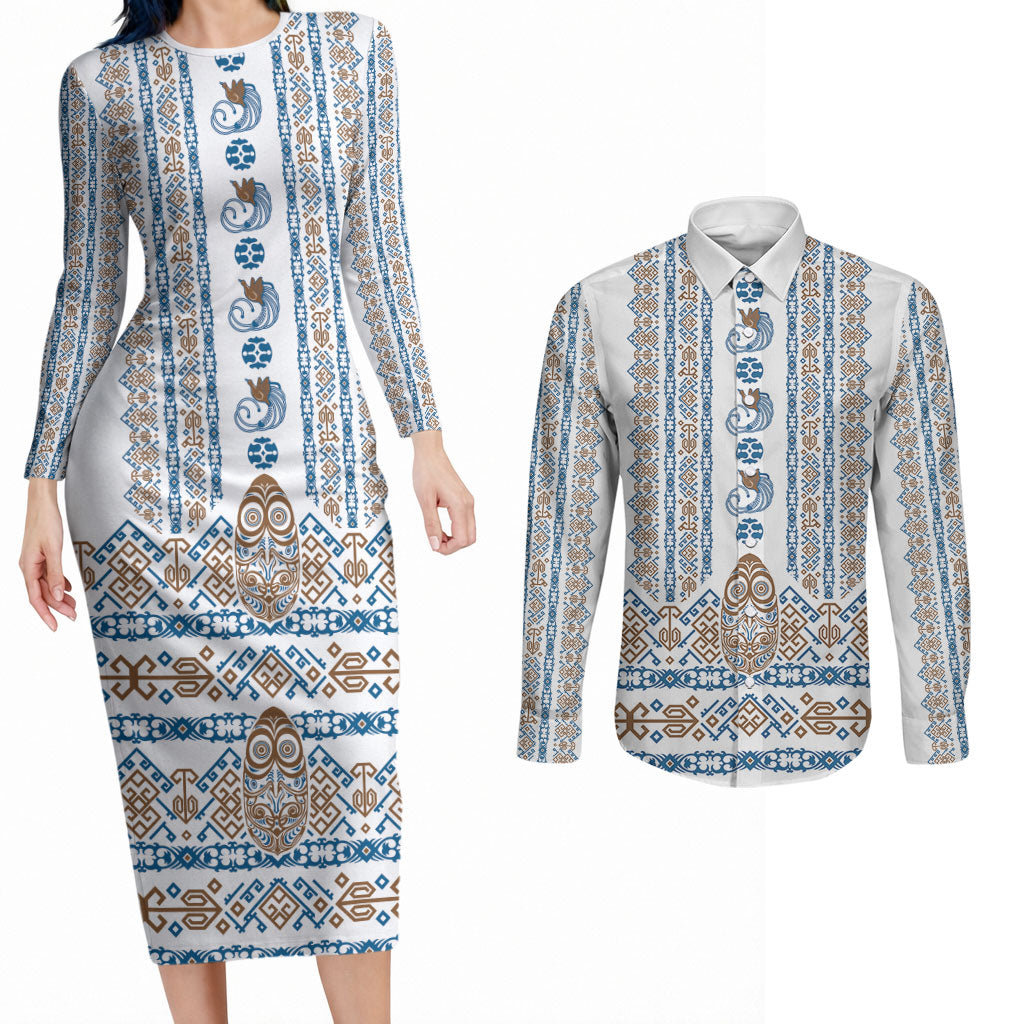 Personalised Papua New Guinea Bird Ethnic Couples Matching Long Sleeve Bodycon Dress and Long Sleeve Button Shirt Papuan Batik Inspired Pattern