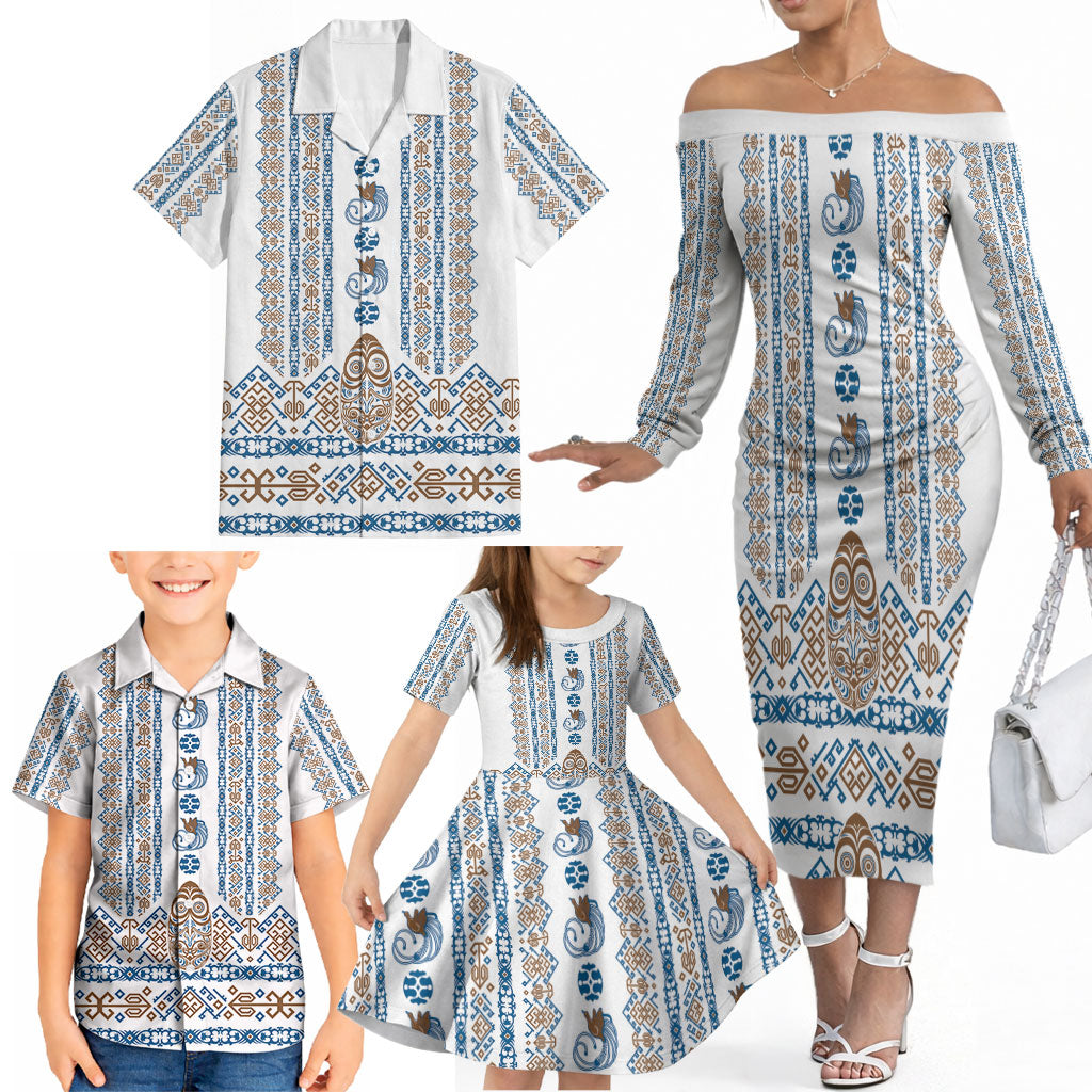 Personalised Papua New Guinea Bird Ethnic Family Matching Off The Shoulder Long Sleeve Dress and Hawaiian Shirt Papuan Batik Inspired Pattern