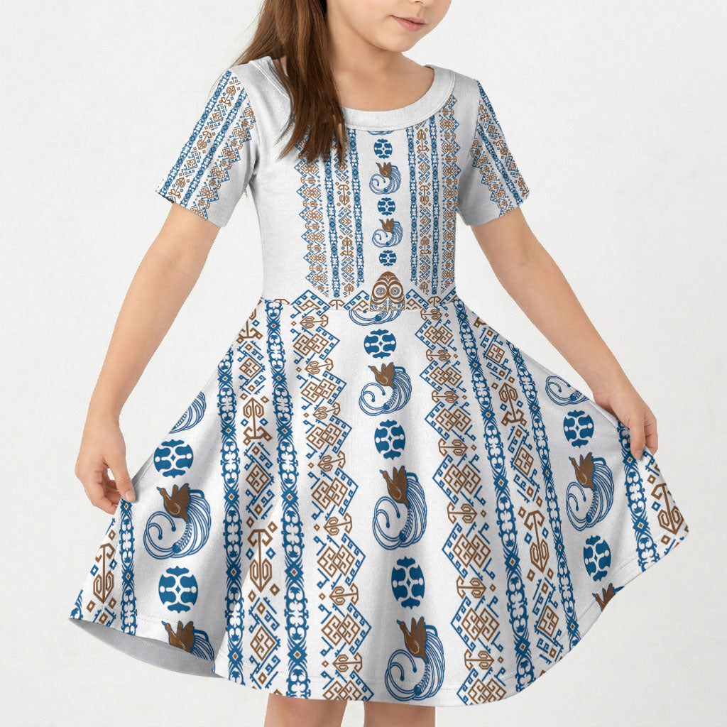 Personalised Papua New Guinea Bird Ethnic Kid Short Sleeve Dress Papuan Batik Inspired Pattern LT9 KID White - Polynesian Pride