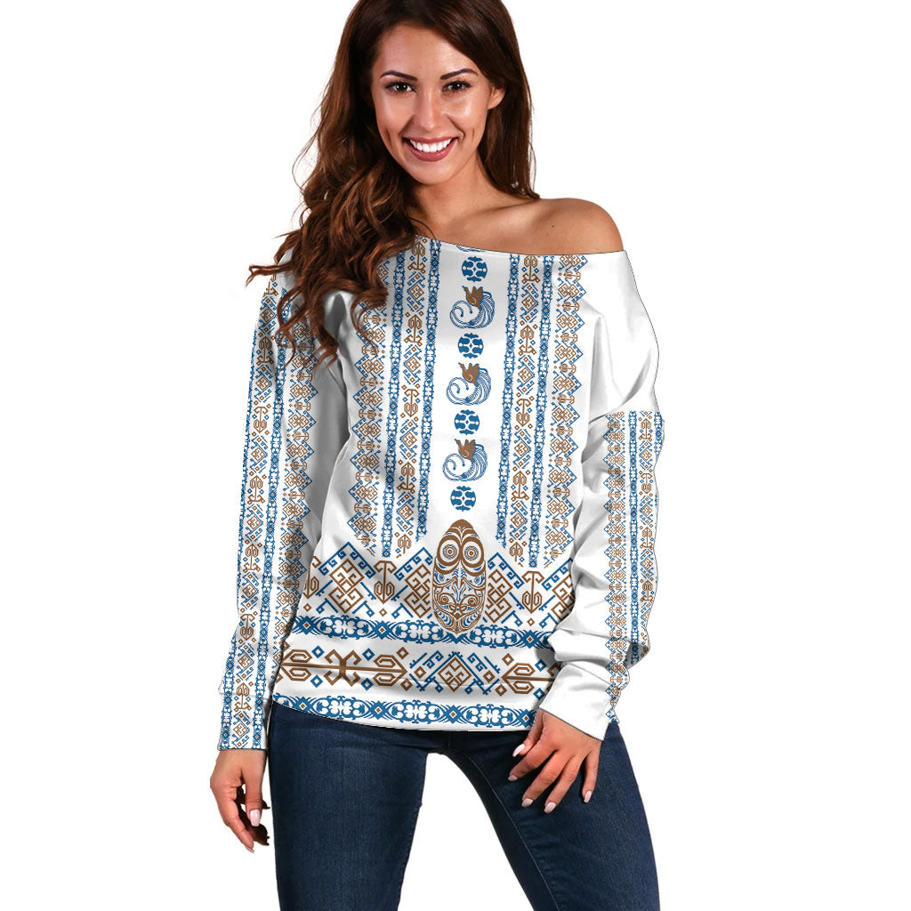 Personalised Papua New Guinea Bird Ethnic Off Shoulder Sweater Papuan Batik Inspired Pattern LT9 Women White - Polynesian Pride