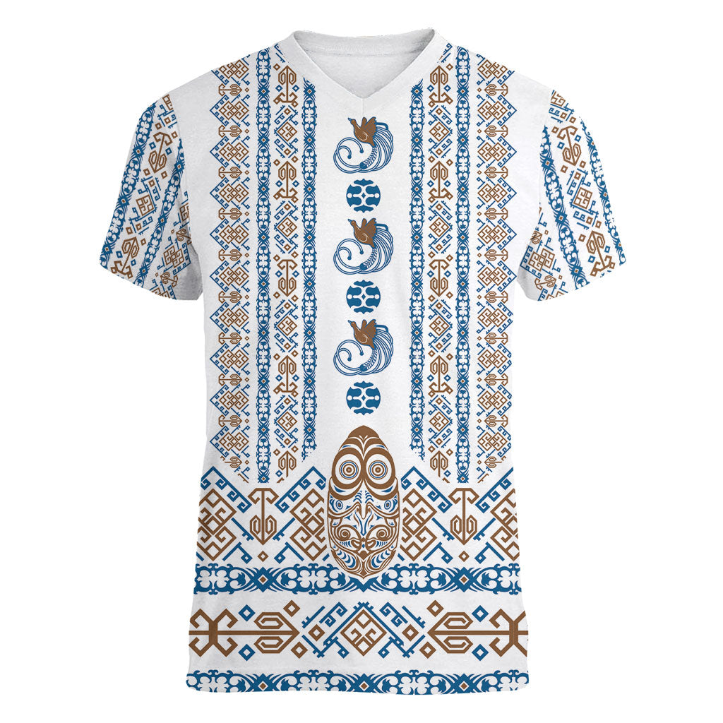 Personalised Papua New Guinea Bird Ethnic Women V-Neck T-Shirt Papuan Batik Inspired Pattern LT9 Female White - Polynesian Pride