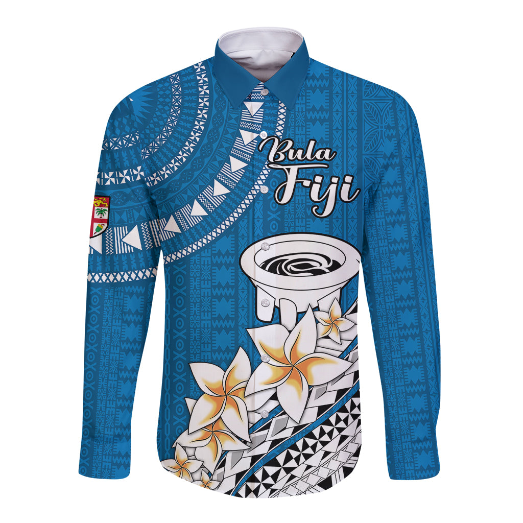 Bula Fiji Long Sleeve Button Shirt Kava Bowl Tapa Tribal LT9 Unisex Blue - Polynesian Pride