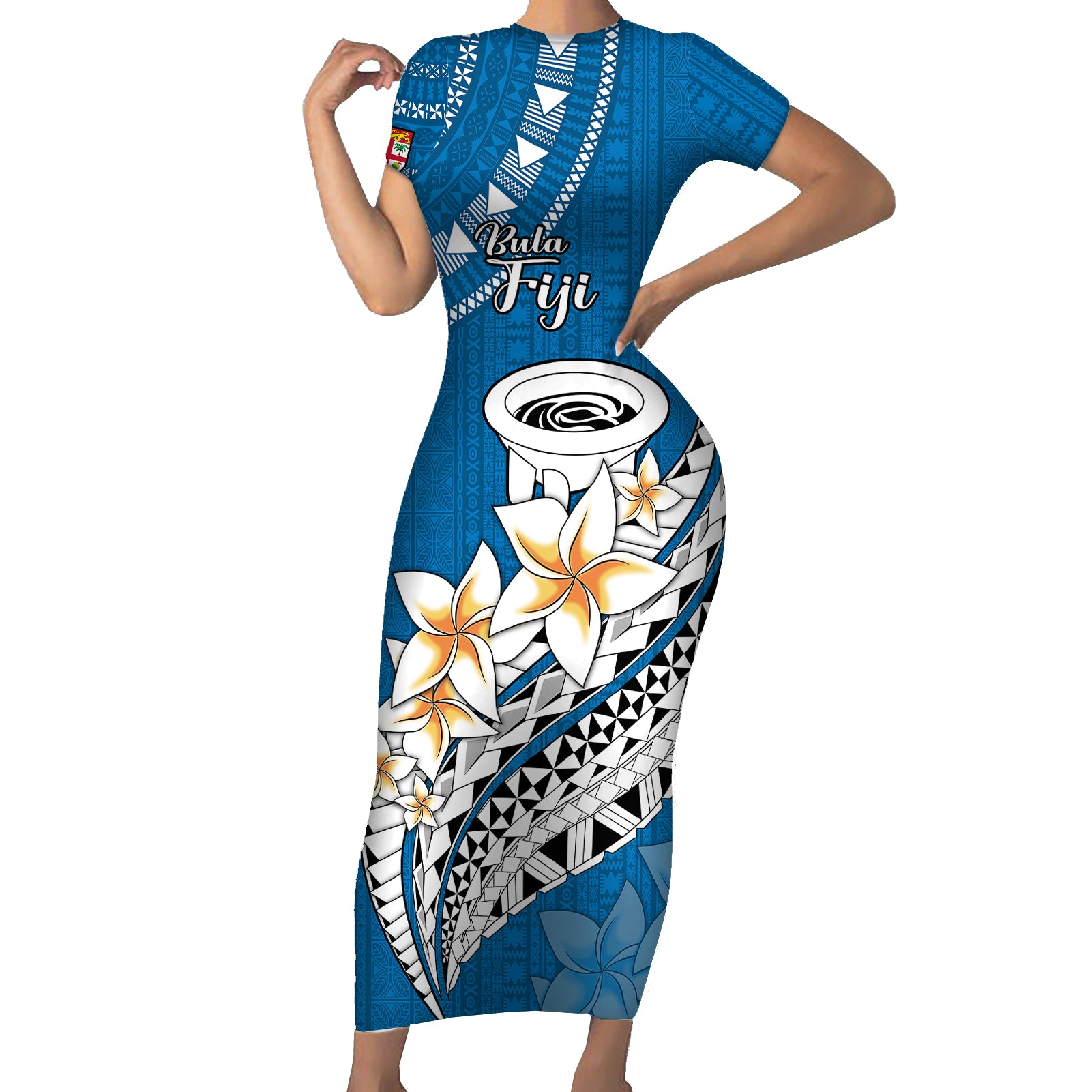 Bula Fiji Short Sleeve Bodycon Dress Kava Bowl Tapa Tribal LT9 Long Dress Blue - Polynesian Pride
