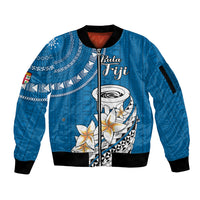 Bula Fiji Sleeve Zip Bomber Jacket Kava Bowl Tapa Tribal LT9 Unisex Blue - Polynesian Pride
