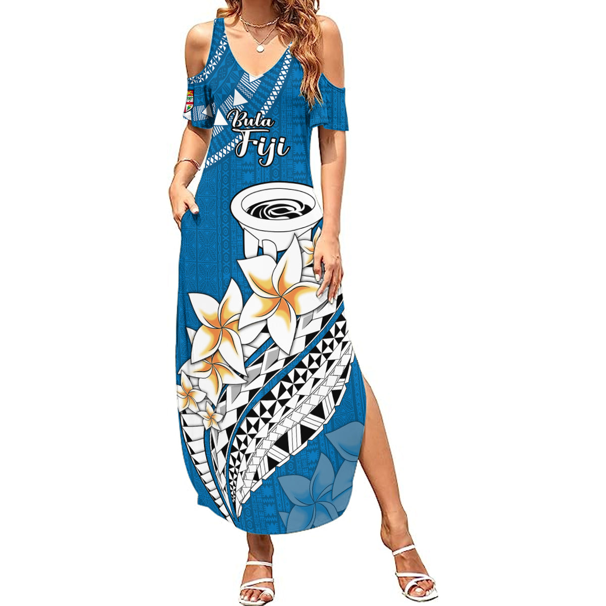Bula Fiji Summer Maxi Dress Kava Bowl Tapa Tribal LT9 Women Blue - Polynesian Pride