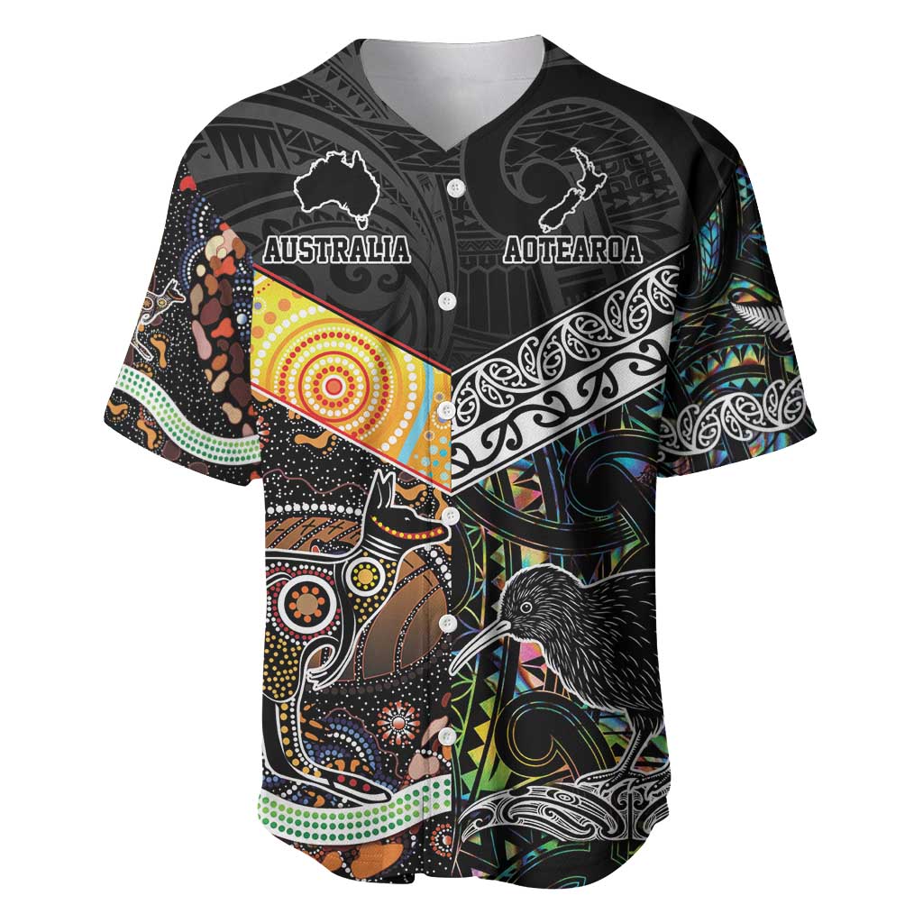 Personalised New Zealand and Australia Baseball Jersey Maori Mix Aboriginal Art Style LT9 Black - Polynesian Pride