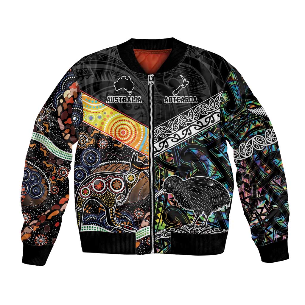Personalised New Zealand and Australia Bomber Jacket Maori Mix Aboriginal Art Style LT9 Unisex Black - Polynesian Pride