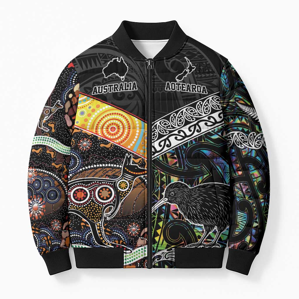 Australia New Zealand Personalised Bomber Puffer Jacket Maori Aboriginal Art Style - Polynesian Pride