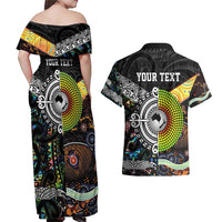 New Zealand and Australia Couples Matching Off Shoulder Maxi Dress and Hawaiian Shirt Maori Mix Aboriginal Art Style