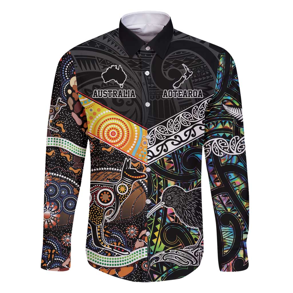 New Zealand and Australia Family Matching Long Sleeve Bodycon Dress and Hawaiian Shirt Maori Mix Aboriginal Art Style