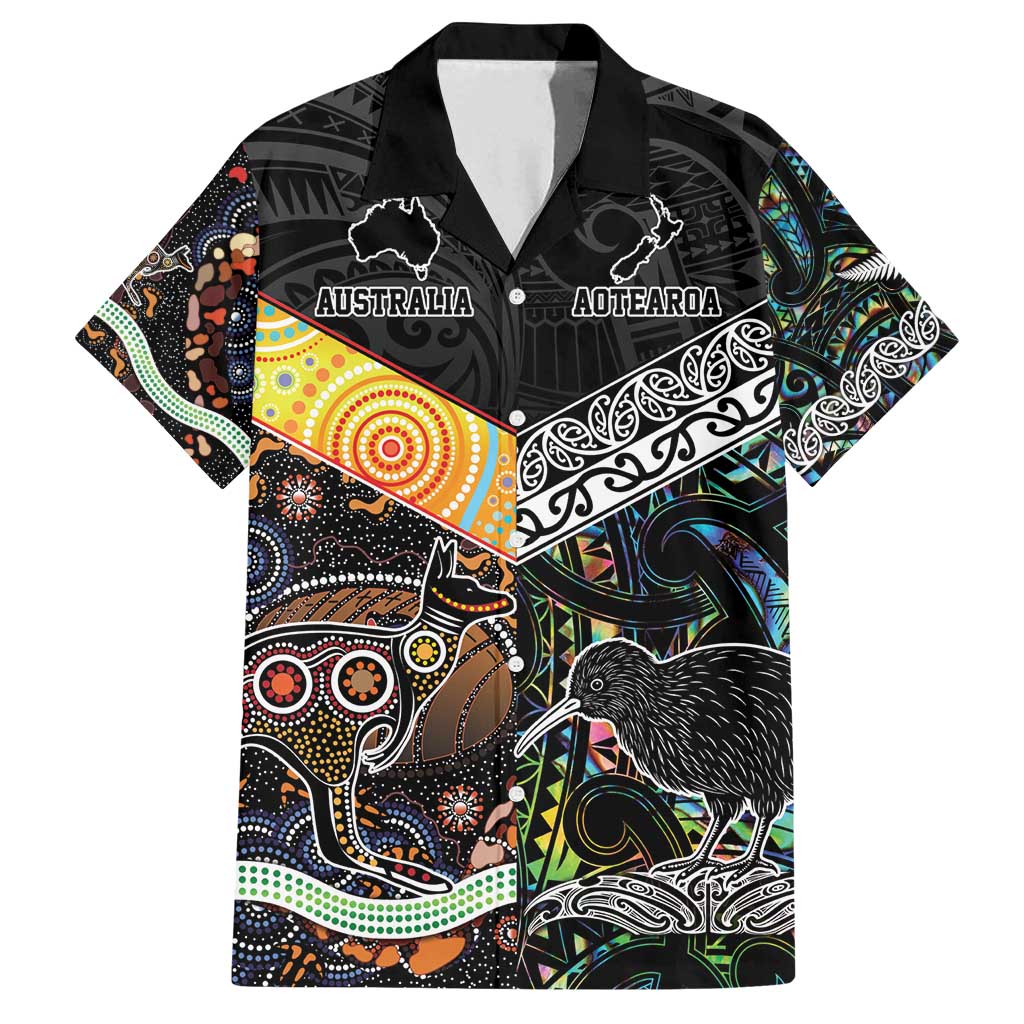 Personalised New Zealand and Australia Family Matching Summer Maxi Dress and Hawaiian Shirt Maori Mix Aboriginal Art Style LT9 Dad's Shirt - Short Sleeve Black - Polynesian Pride
