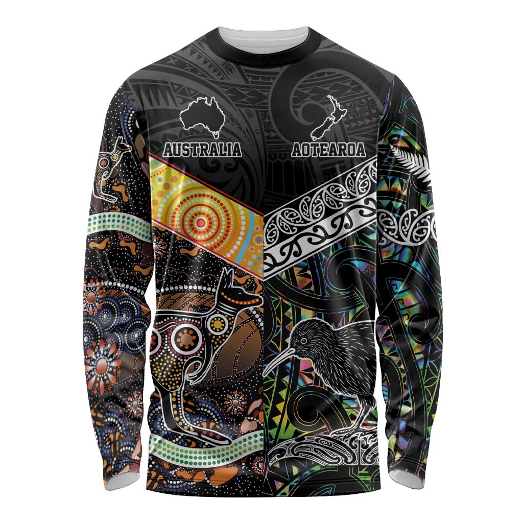 Personalised New Zealand and Australia Long Sleeve Shirt Maori Mix Aboriginal Art Style LT9 Unisex Black - Polynesian Pride