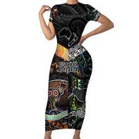 Personalised New Zealand and Australia Short Sleeve Bodycon Dress Maori Mix Aboriginal Art Style LT9 Long Dress Black - Polynesian Pride