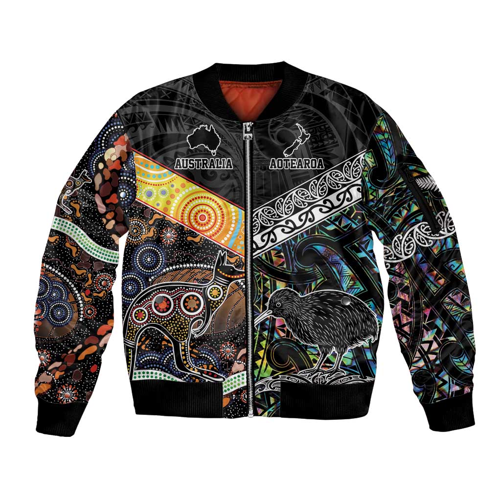 Personalised New Zealand and Australia Sleeve Zip Bomber Jacket Maori Mix Aboriginal Art Style LT9 Unisex Black - Polynesian Pride
