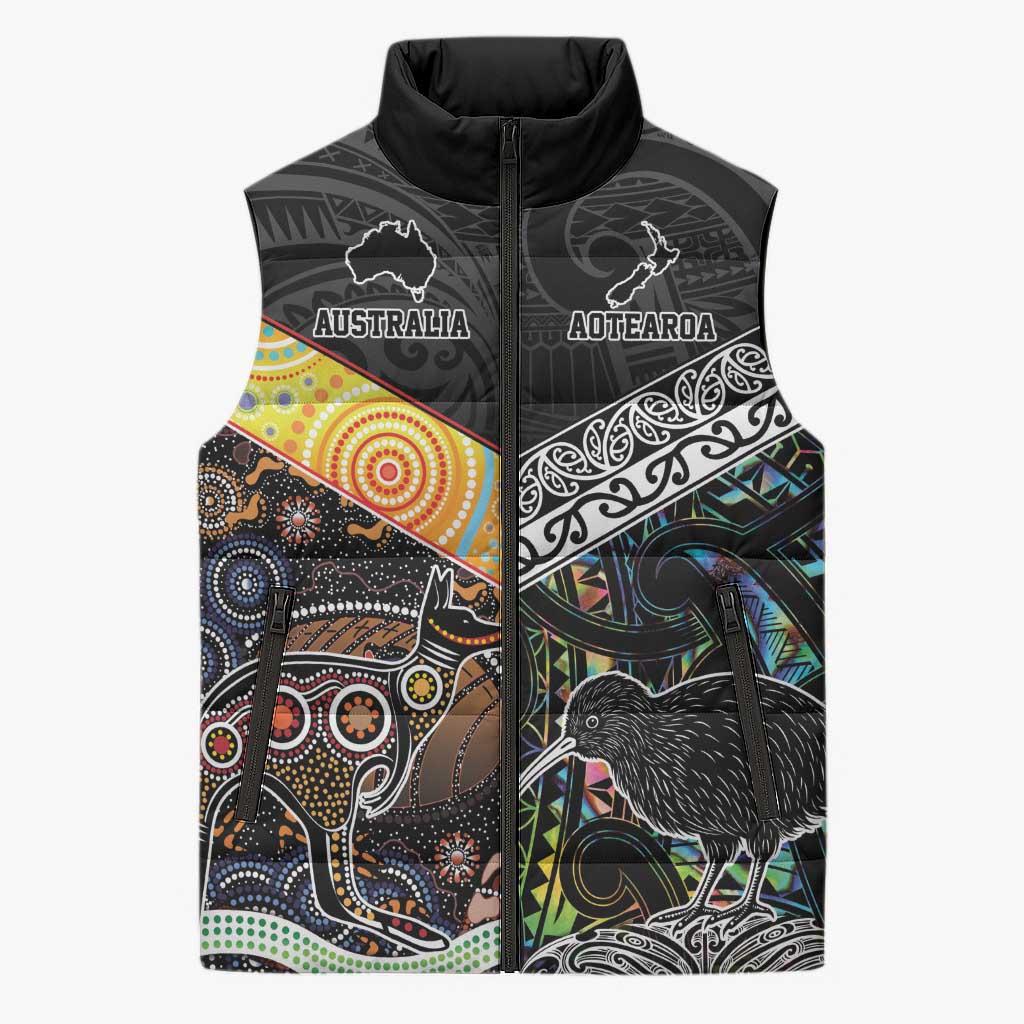Australia New Zealand Personalised Sleeveless Puffer Jacket Maori Aboriginal Art Style - Polynesian Pride