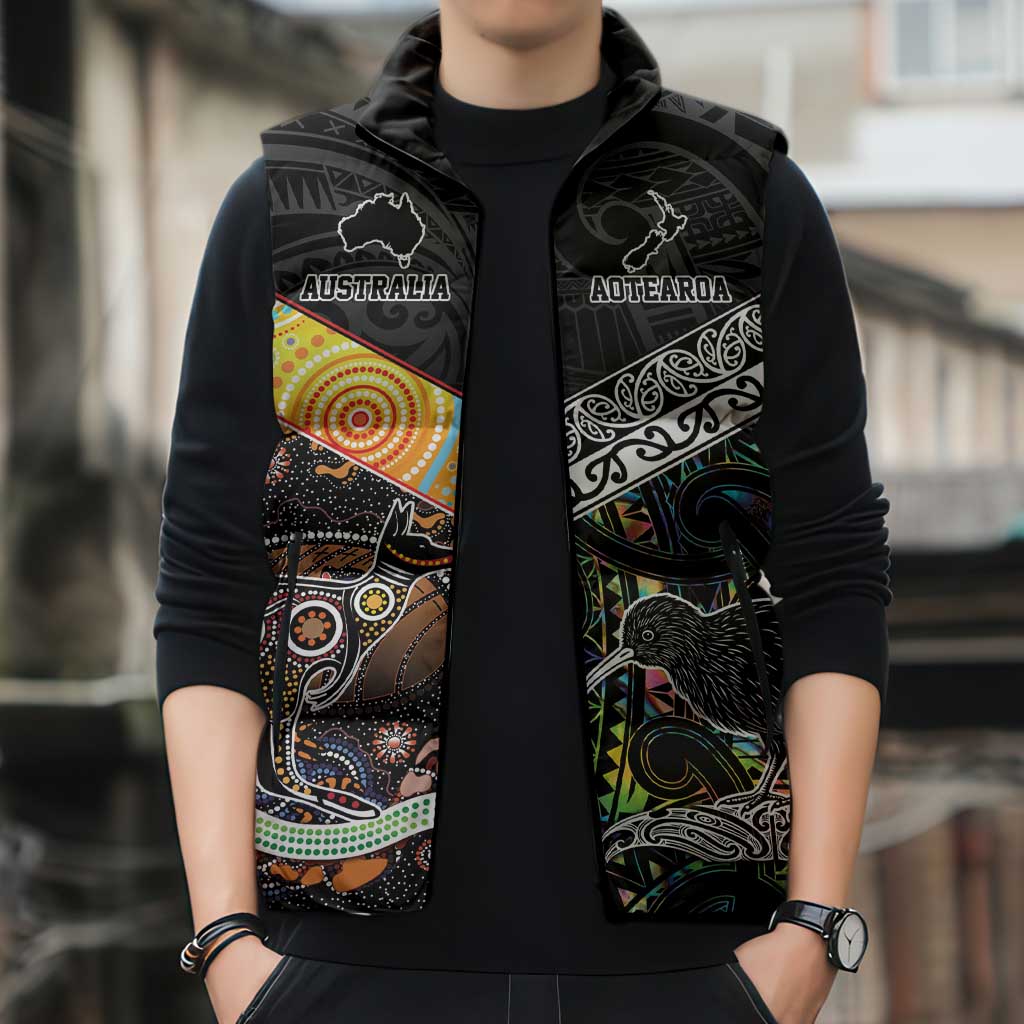 Australia New Zealand Personalised Sleeveless Puffer Jacket Maori Aboriginal Art Style - Polynesian Pride