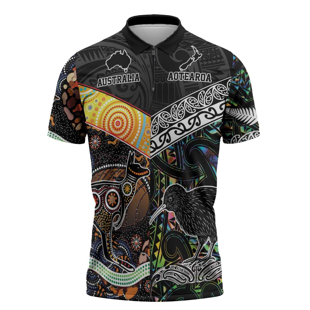 Australia New Zealand Personalised Zipper Polo Shirt Maori Aboriginal Art Style - Polynesian Pride