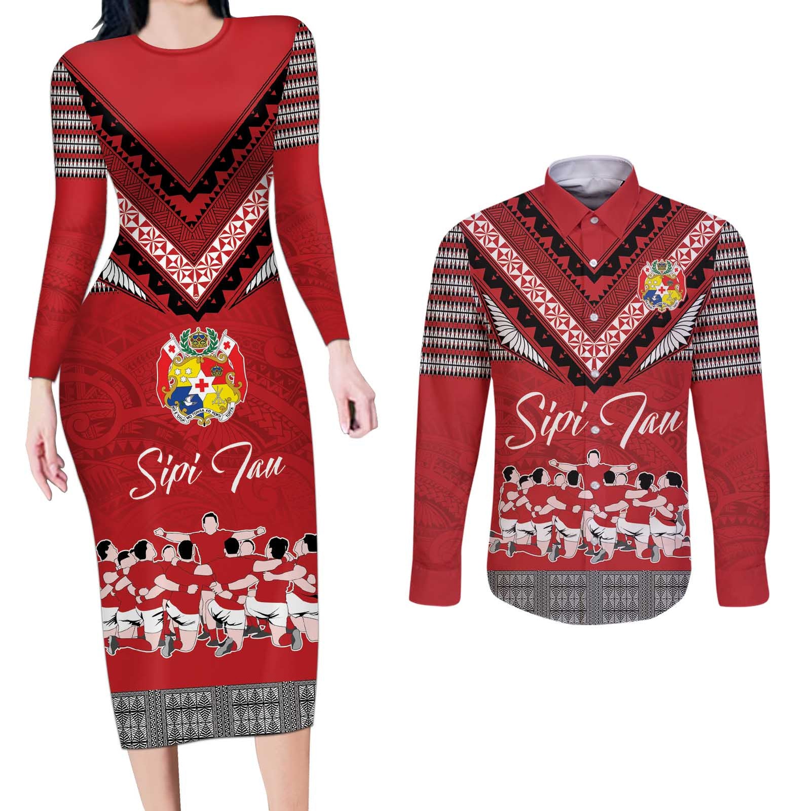 Personalised Tonga Rugby Pacific Couples Matching Long Sleeve Bodycon Dress and Long Sleeve Button Shirt Ikale Tahi Sipi Tau LT9 Red - Polynesian Pride