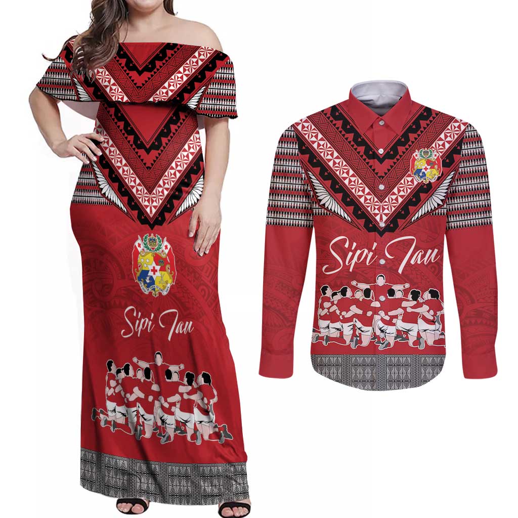 Personalised Tonga Rugby Pacific Couples Matching Off Shoulder Maxi Dress and Long Sleeve Button Shirt Ikale Tahi Sipi Tau LT9 Red - Polynesian Pride