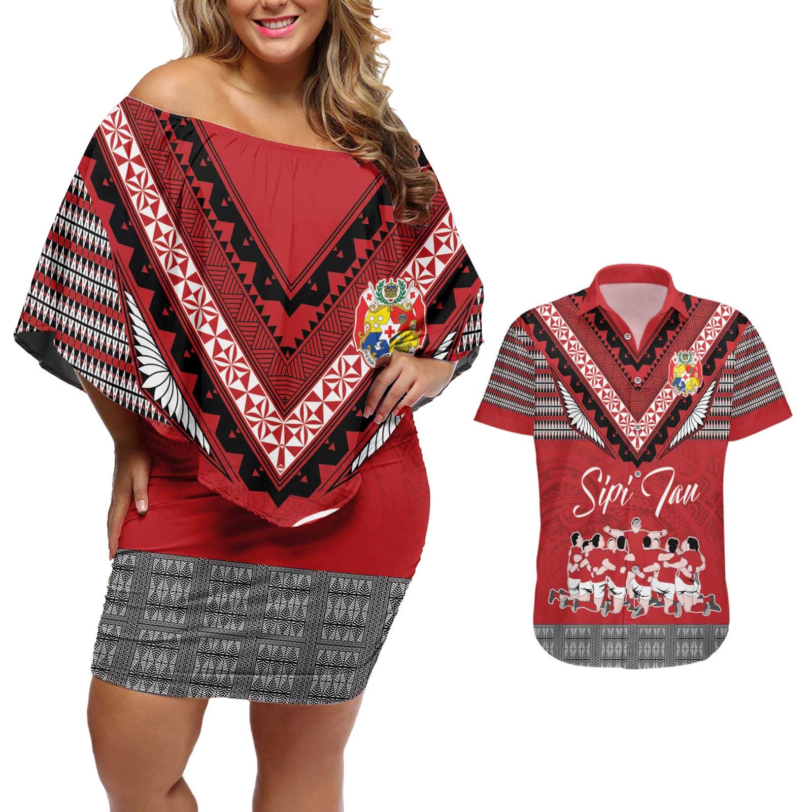 Personalised Tonga Rugby Pacific Couples Matching Off Shoulder Short Dress and Hawaiian Shirt Ikale Tahi Sipi Tau LT9 Red - Polynesian Pride