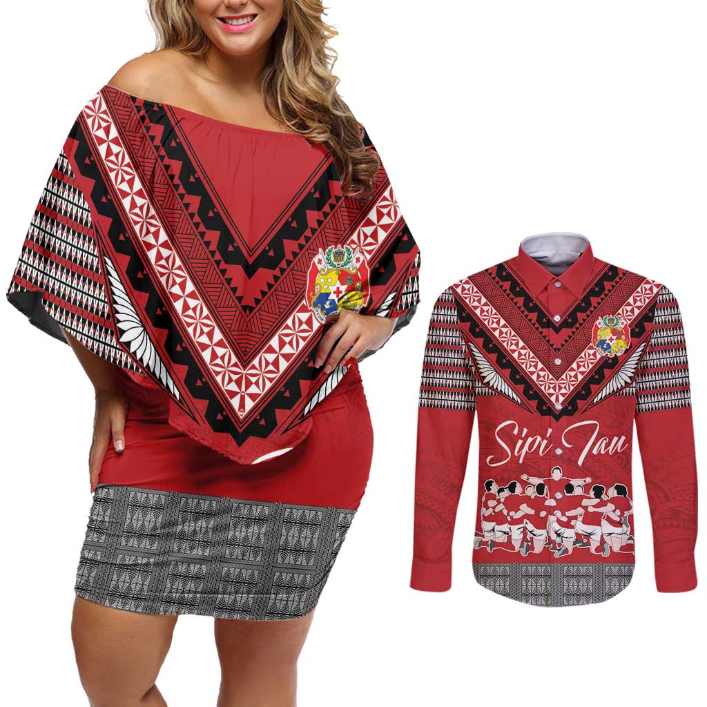 Personalised Tonga Rugby Pacific Couples Matching Off Shoulder Short Dress and Long Sleeve Button Shirt Ikale Tahi Sipi Tau LT9 Red - Polynesian Pride