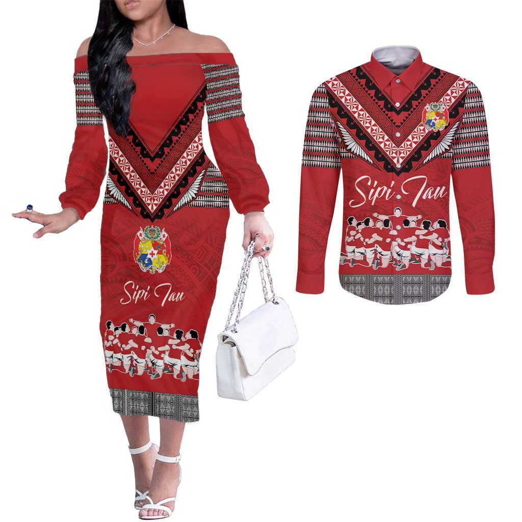 Personalised Tonga Rugby Pacific Couples Matching Off The Shoulder Long Sleeve Dress and Long Sleeve Button Shirt Ikale Tahi Sipi Tau LT9 Red - Polynesian Pride