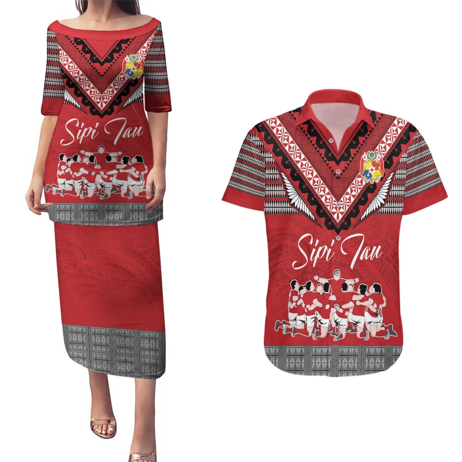 Personalised Tonga Rugby Pacific Couples Matching Puletasi and Hawaiian Shirt Ikale Tahi Sipi Tau LT9 Red - Polynesian Pride